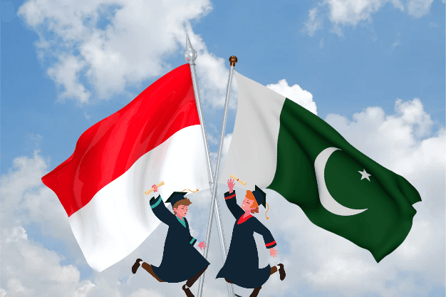 Bendera Indonesia dan Pakistan dengan ilustrasi mahasiswa penerima beasiswa