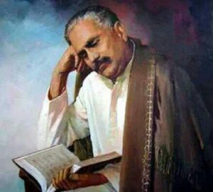 Potret Allama Muhammad Iqbal, penyair dan filsuf terkemuka berbahasa Urdu dari Pakistan, yang merupakan ikon dalam tradisi sastra Urdu.