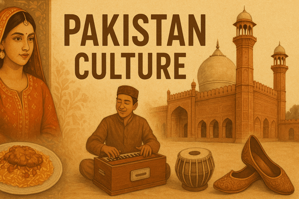 Kolase visual yang menampilkan berbagai aspek budaya Pakistan, seperti arsitektur Mughal (Masjid Badshahi), pakaian tradisional (Shalwar Kameez), instrumen musik (harmonium), dan wajah-wajah etnis yang beragam