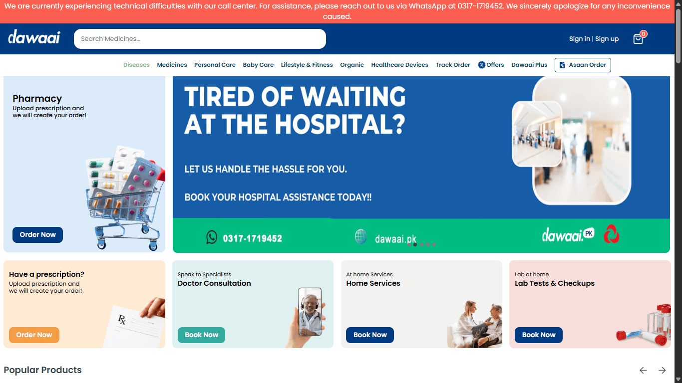 Antarmuka pengguna aplikasi Dawaai, platform kesehatan digital di Pakistan