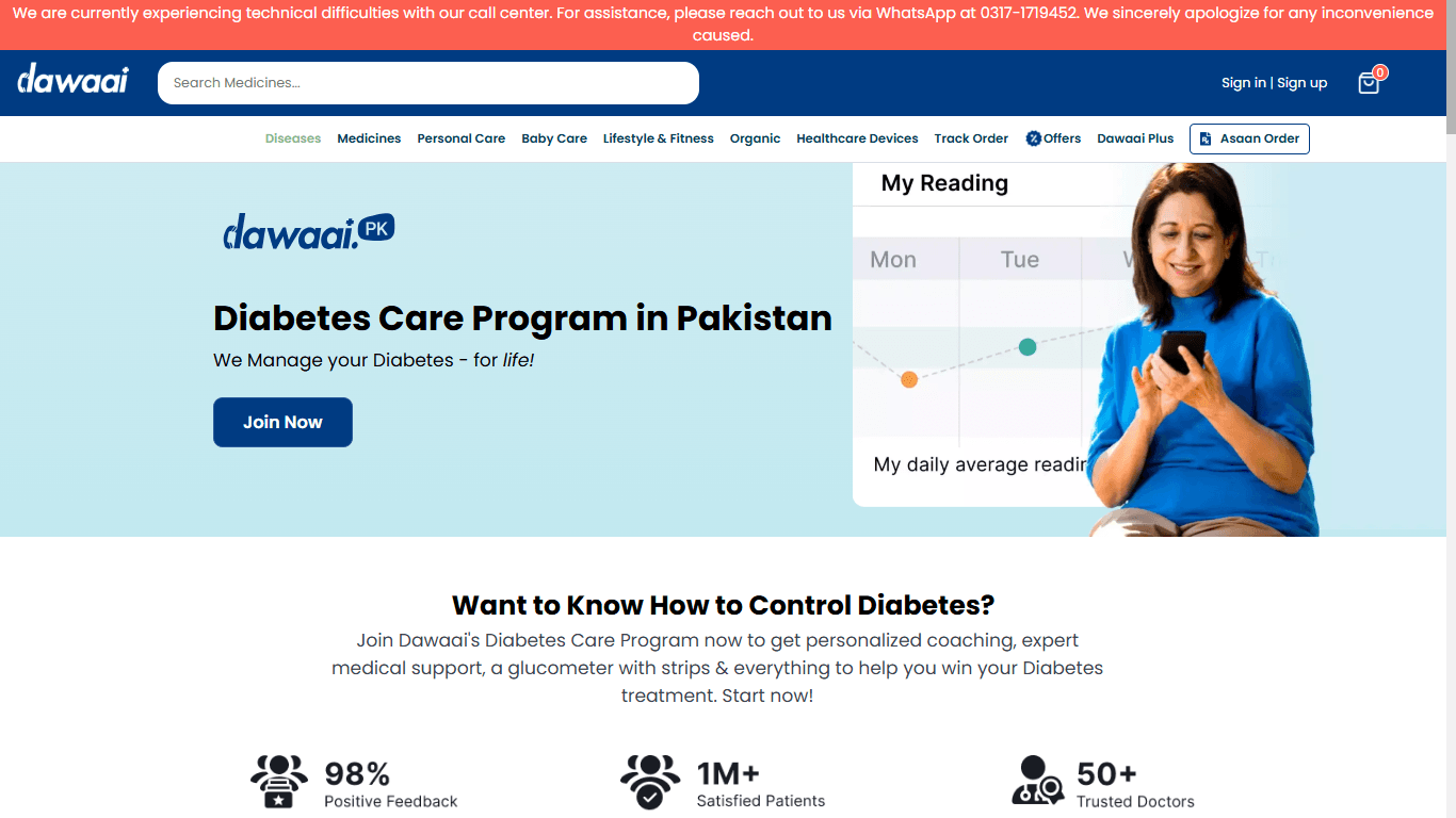 Program perawatan diabetes yang ditawarkan oleh Dawaai di Pakistan