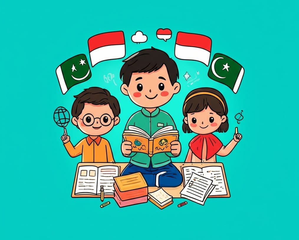 Dua siswa, satu dari Pakistan dengan seragam tradisional dan satu dari Indonesia, sedang belajar, menggambarkan perbandingan sistem pendidikan