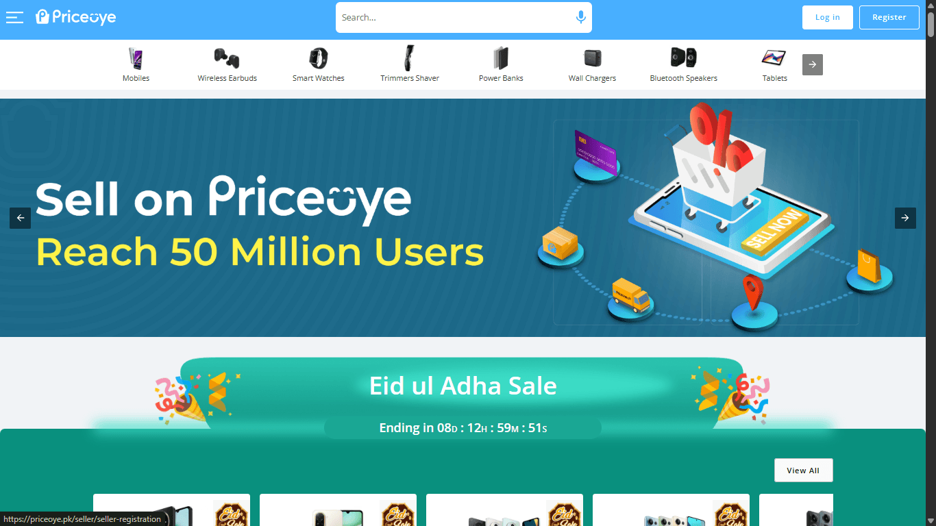 Tampilan antarmuka PriceOye, toko online produk elektronik asli di Pakistan