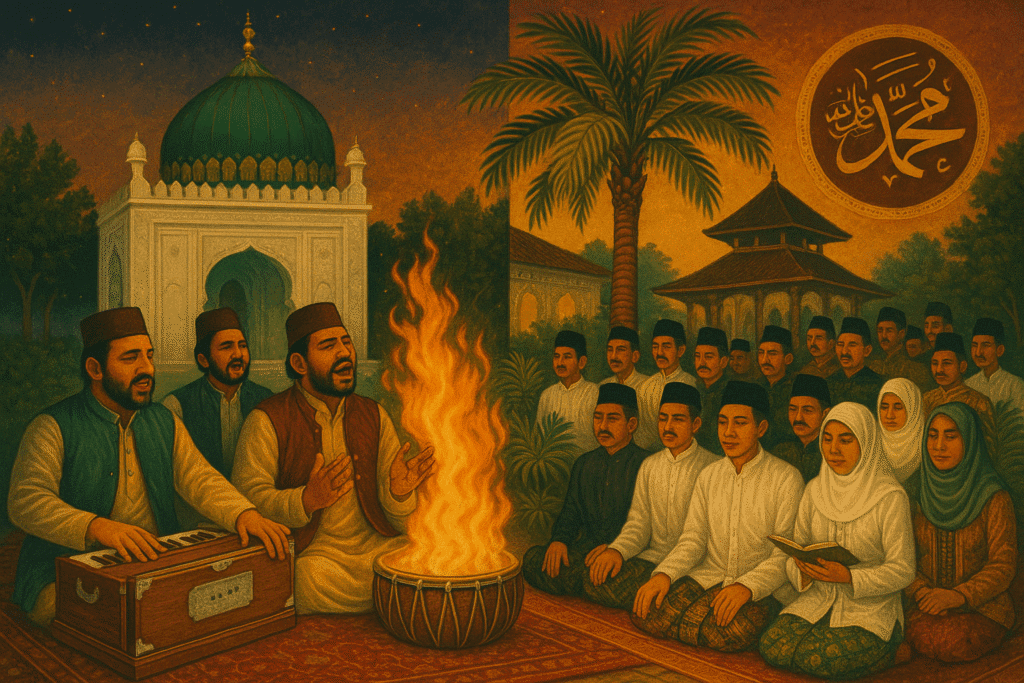 Ilustrasi gabungan yang menampilkan visual grup sholawat dari Indonesia (misalnya, orang bermain rebana) dan grup qawwali dari Pakistan (penyanyi dengan harmonium), melambangkan pertemuan dua tradisi musik religi Islam