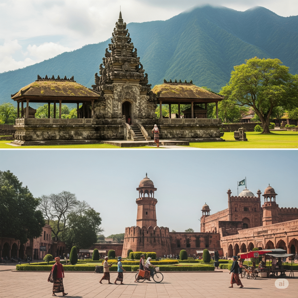 Ilustrasi Benteng Jagaraga Bali dan Benteng Lahore Pakistan, melambangkan kekayaan wisata benteng kuno di kedua negara