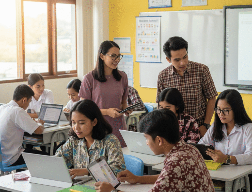 Pelajar Indonesia memanfaatkan teknologi digital untuk belajar melalui program Merdeka Belajar