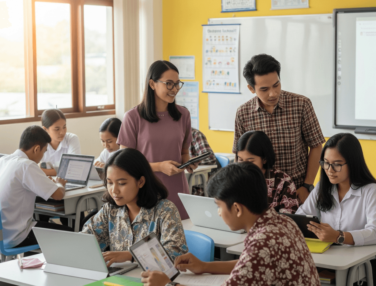 Pelajar Indonesia memanfaatkan teknologi digital untuk belajar melalui program Merdeka Belajar