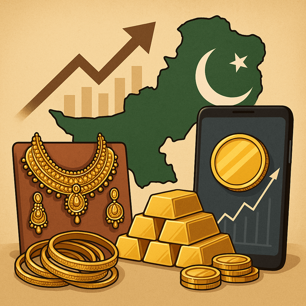Perhiasan emas tradisional dan aplikasi investasi emas digital, menggambarkan evolusi investasi emas di Pakistan dari warisan budaya hingga era fintech
