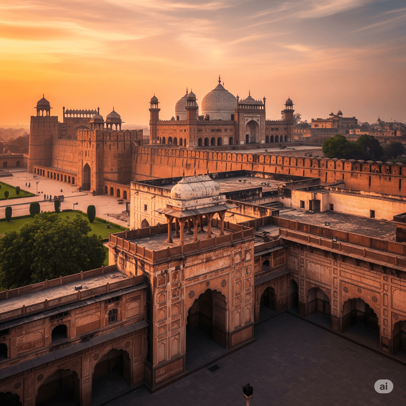 Detail arsitektur Mughal yang megah di Benteng Lahore, Situs Warisan Dunia UNESCO di Pakistan