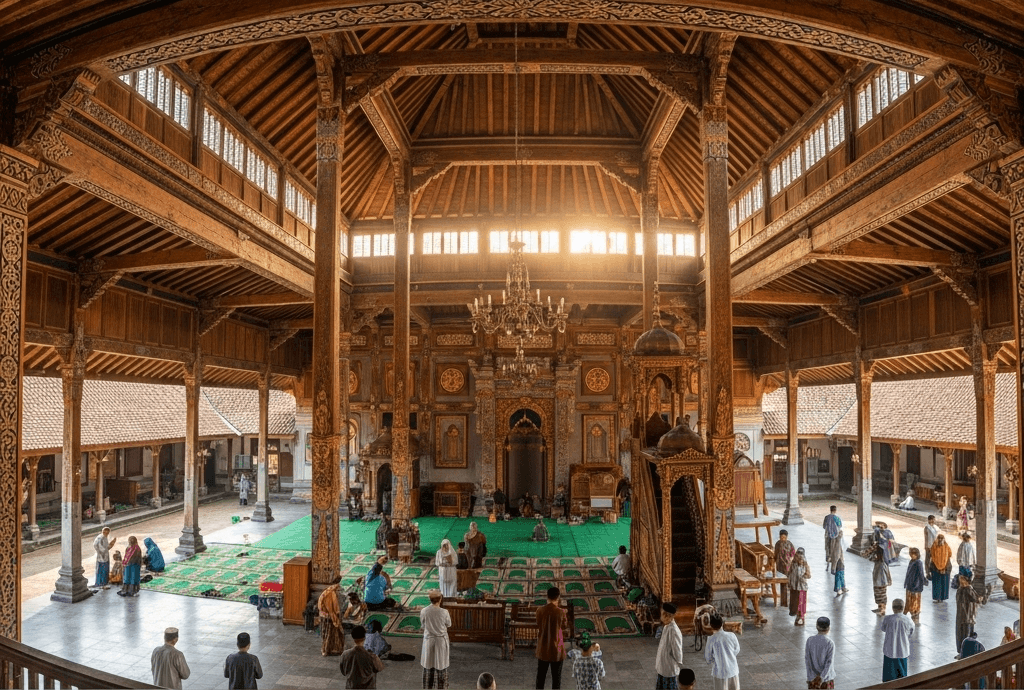 Detail ukiran kaligrafi Arab pada dinding masjid, mencerminkan aspek spiritual arsitektur Islam