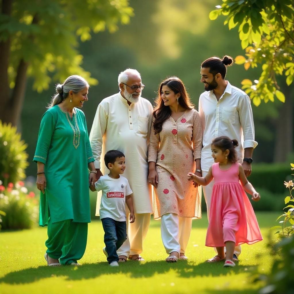 Keluarga multigenerasi Pakistan yang terdiri dari kakek-nenek, orang tua, dan anak-anak berkumpul di taman, menunjukkan kehangatan dan kebersamaan.