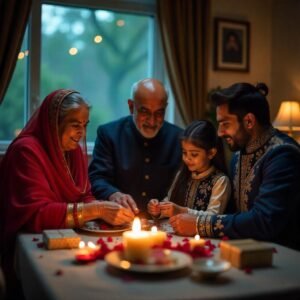Kakek dan nenek Pakistan sedang bercerita atau bermain dengan cucunya, melambangkan transmisi nilai dan tradisi antar generasi.