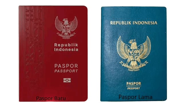 Perbandingan sampul paspor Indonesia lama berwarna hijau dan paspor Indonesia 2025 berwarna merah dengan desain modern
