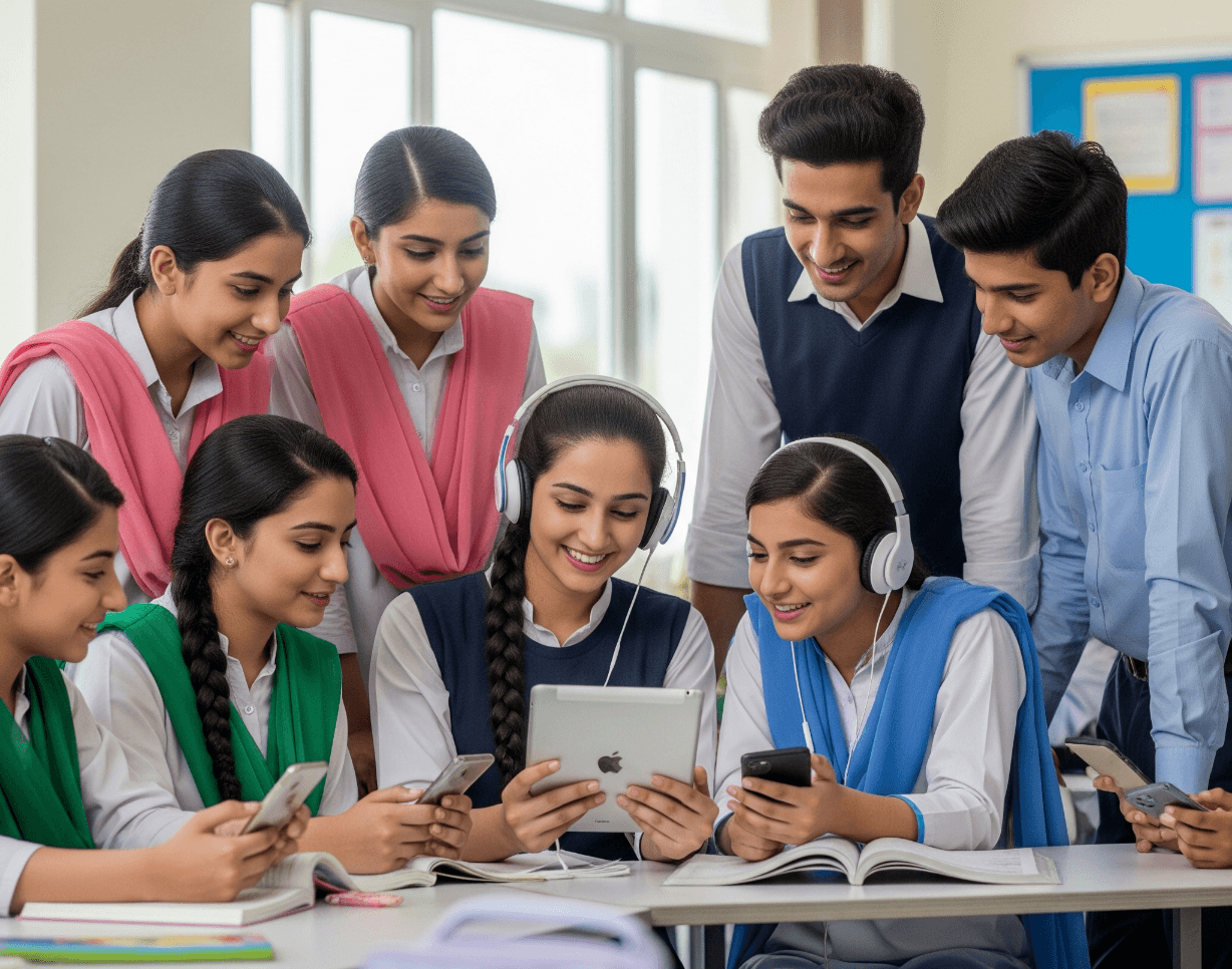 Anak-anak Pakistan belajar menggunakan platform digital TeleSchool untuk meningkatkan akses pendidikan