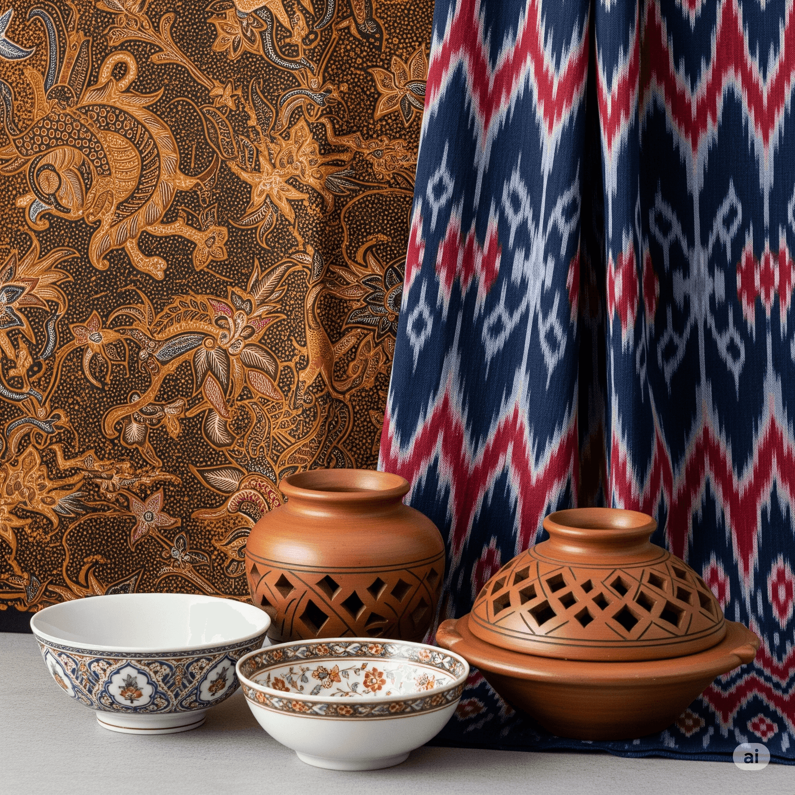 Model mengenakan gaun batik Indonesia modern dengan motif Parang