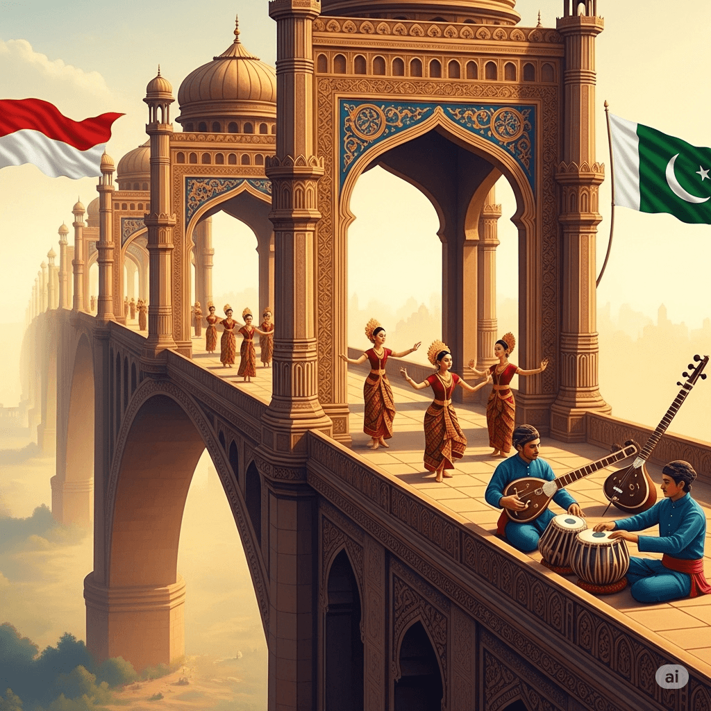Ilustrasi diplomasi budaya Indonesia dan Pakistan melalui seni, menampilkan elemen tari, batik, kaligrafi, dan musik sebagai jembatan global