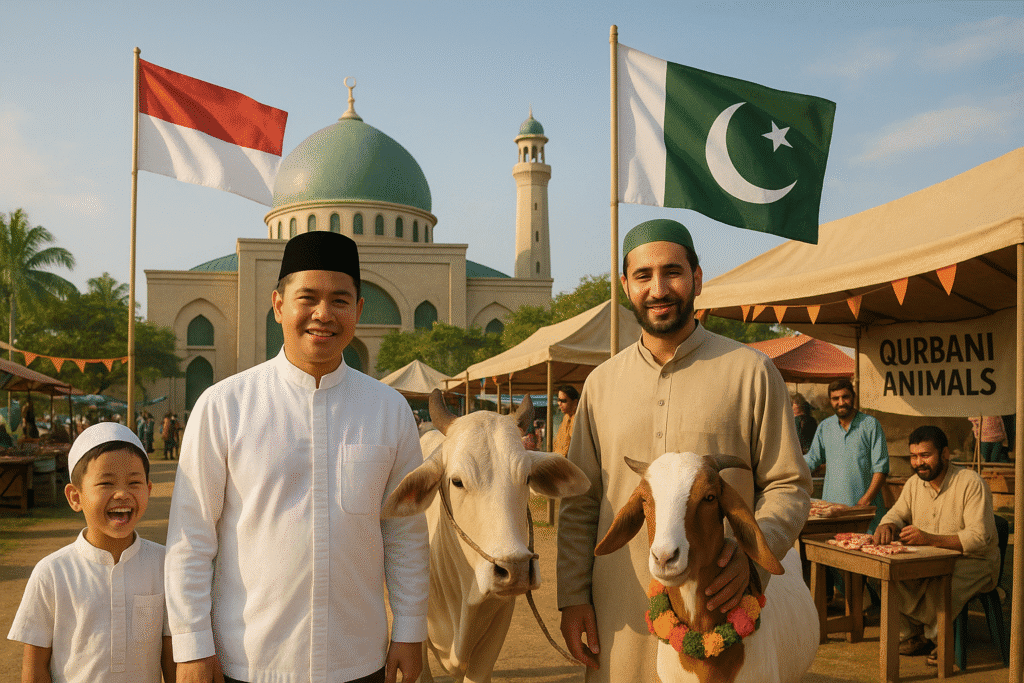 Ilustrasi kebersamaan perayaan Idul Adha di Indonesia dan Pakistan, menampilkan elemen khas kedua budaya