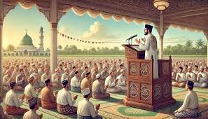 Ilustrasi dua orang Muslim dari Indonesia dan Pakistan sedang merayakan Idul Adha dengan latar belakang masjid dan hewan kurban