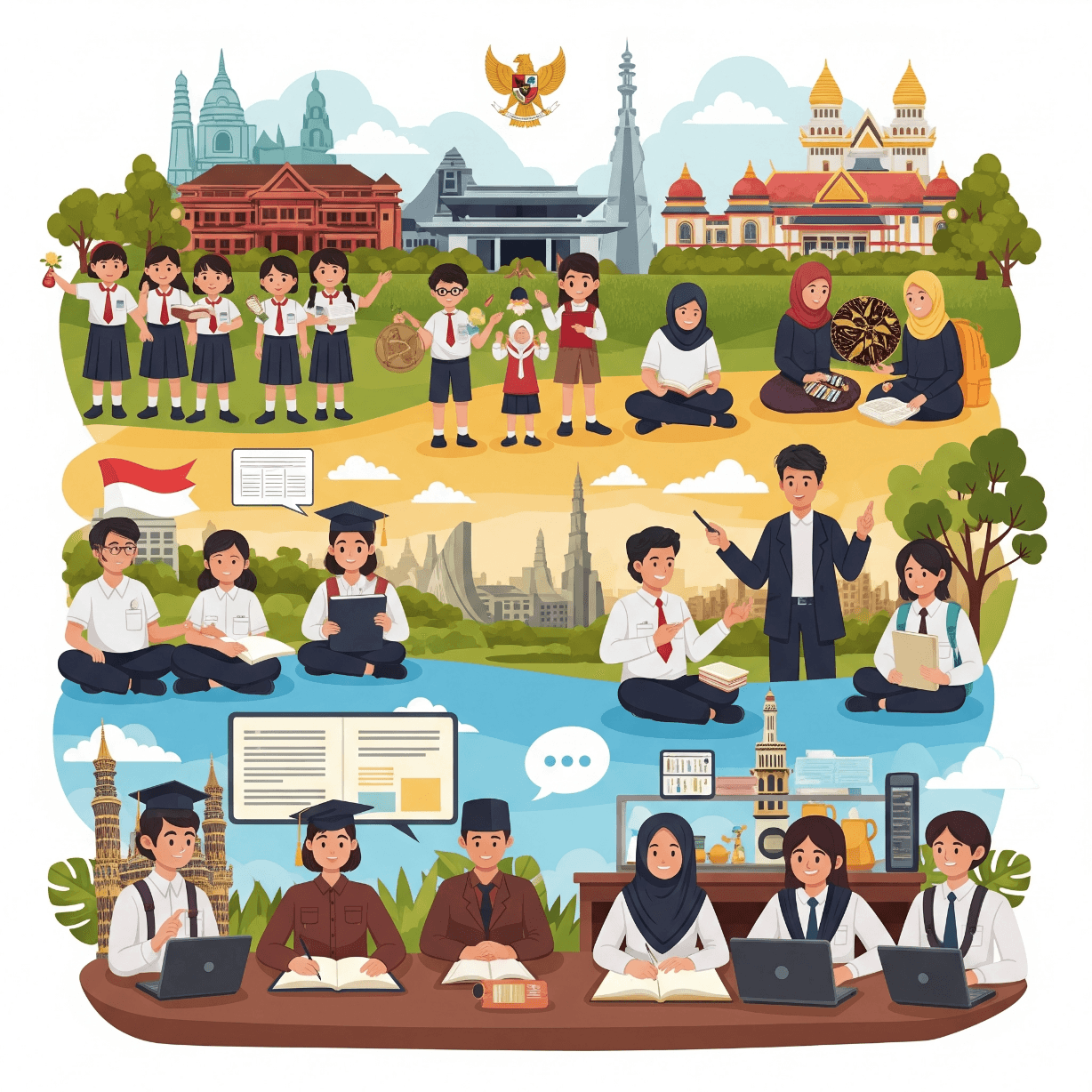 Ilustrasi yang menggambarkan struktur dan sistem pendidikan di Indonesia