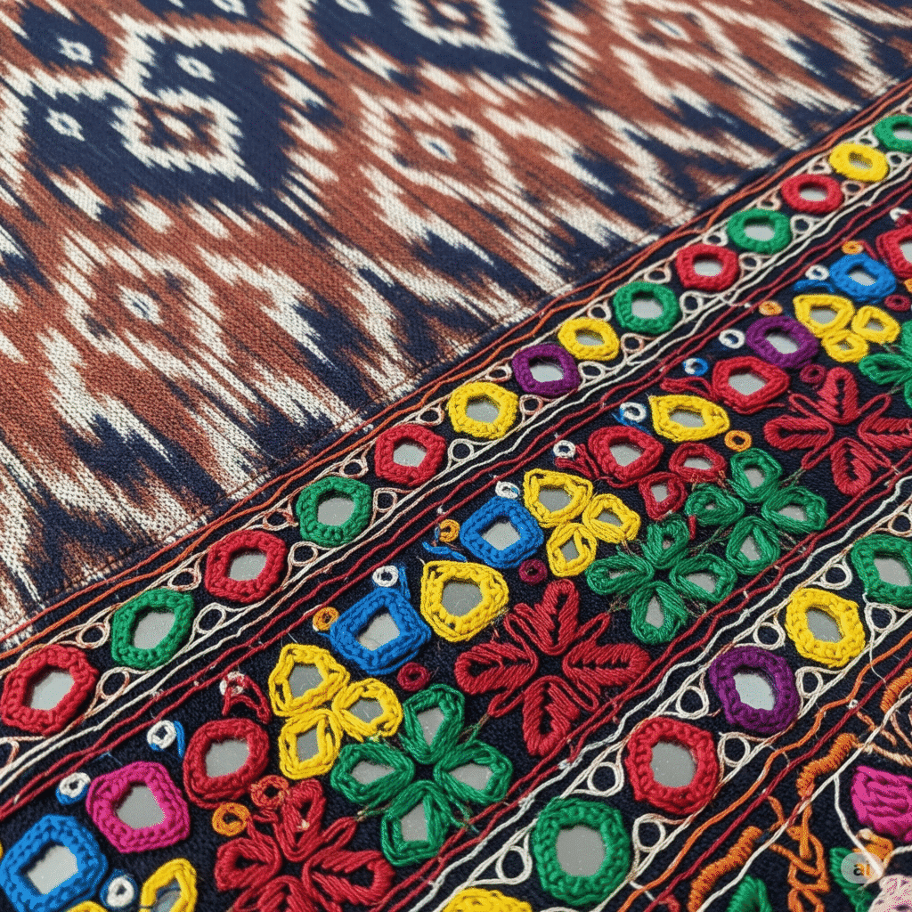 Kolase kerajinan tangan Indonesia dan Pakistan, menunjukkan batik, tenun, karpet tenun, dan sulaman sebagai bagian dari fesyen modern