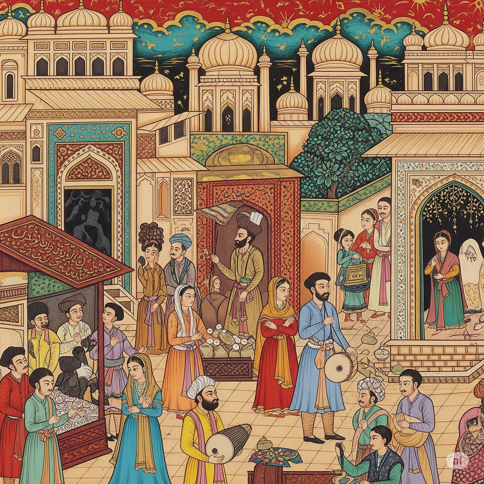 Contoh miniatur painting Pakistan dengan detail rumit yang menggambarkan kehidupan istana Mughal