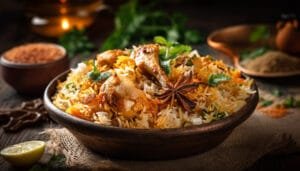 Semangkuk besar biryani ayam yang mengepul, dengan nasi basmati berwarna kuning, potongan ayam, dan hiasan daun ketumbar serta rempah utuh.