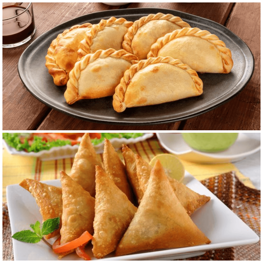 Ilustrasi Samosa Pakistan yang renyah dan Pastel Goreng Indonesia, camilan gurih yang mirip.