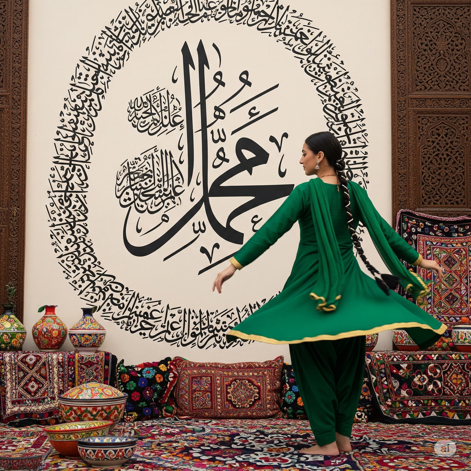 Tangan menulis kaligrafi Islam yang indah, merefleksikan praktik meditasi dan fokus dalam terapi seni di Pakistan