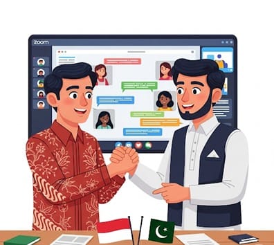 Simbol kolaborasi pendidikan Islam antara Indonesia dan Pakistan dengan bendera dua negara