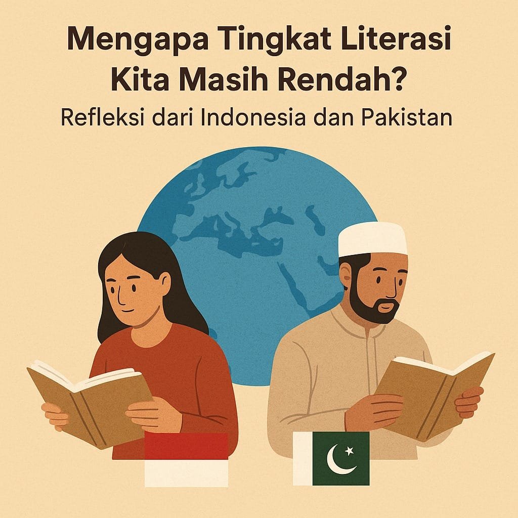 Tangan memegang buku dengan peta dunia menyoroti Indonesia dan Pakistan, simbol rendahnya literasi global