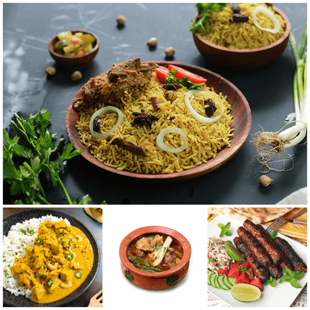 Berbagai hidangan lezat makanan olahan daging Idul Adha khas Pakistan: Korma, Biryani, Seekh Kebab