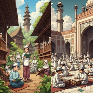Ilustrasi dua bangunan pendidikan Islam, Pesantren di Indonesia dan Madrasah di Pakistan, berdampingan