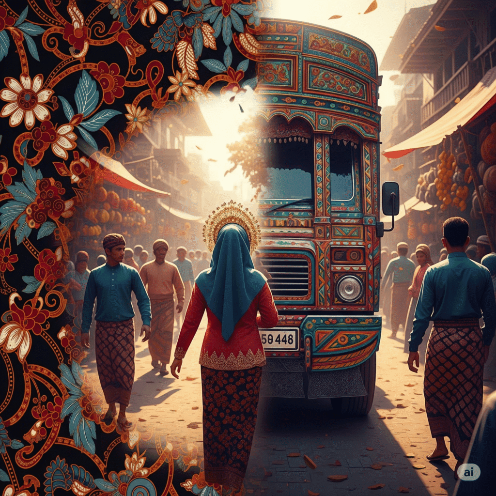 Motif batik tradisional diubah menjadi pola digital modern, merepresentasikan seni digital Indonesia