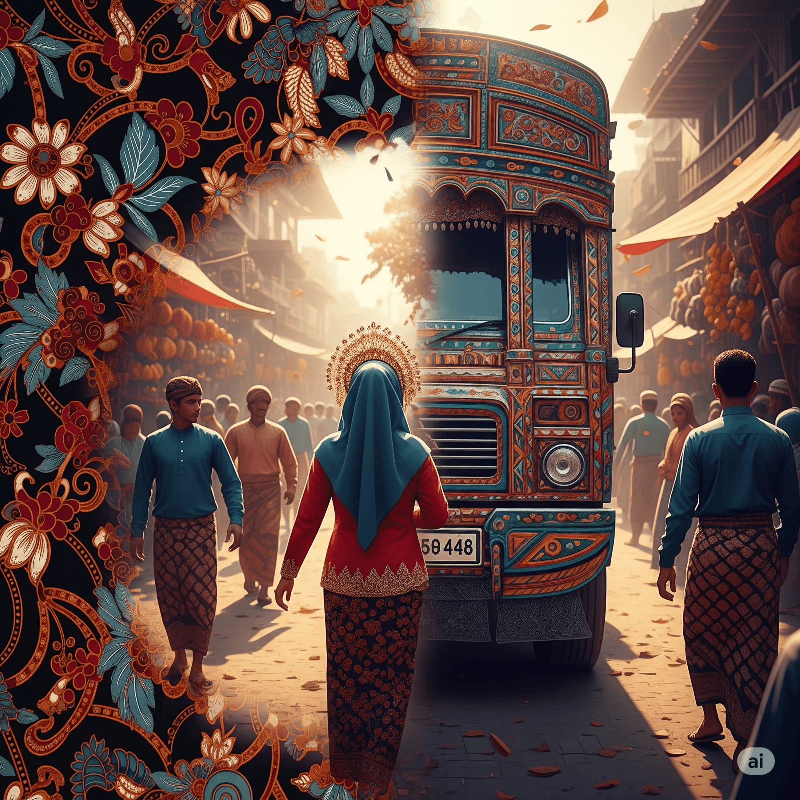 Motif batik tradisional diubah menjadi pola digital modern, merepresentasikan seni digital Indonesia