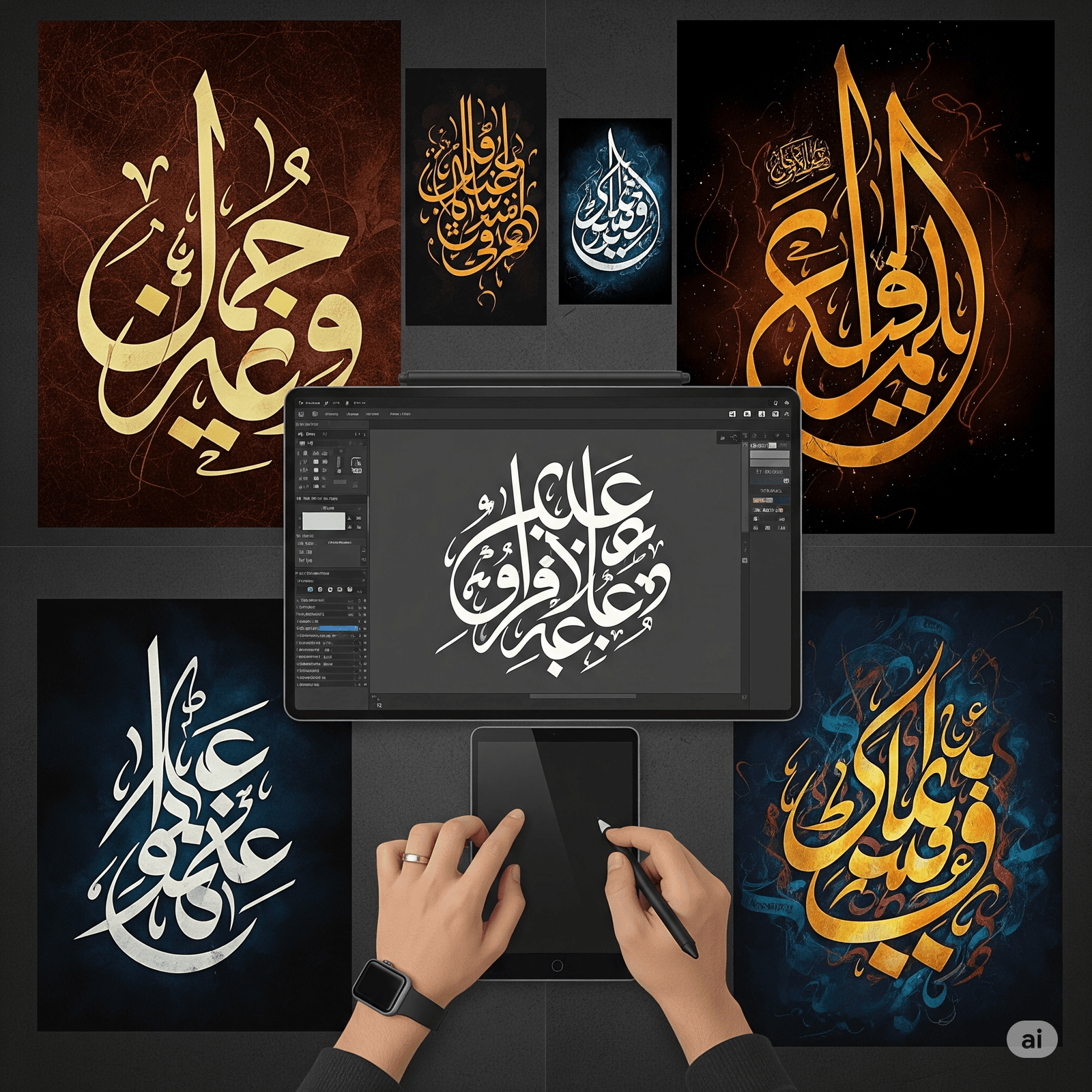 Seorang seniman menciptakan kaligrafi Islam di tablet digital, menunjukkan inovasi kaligrafi digital Pakistan