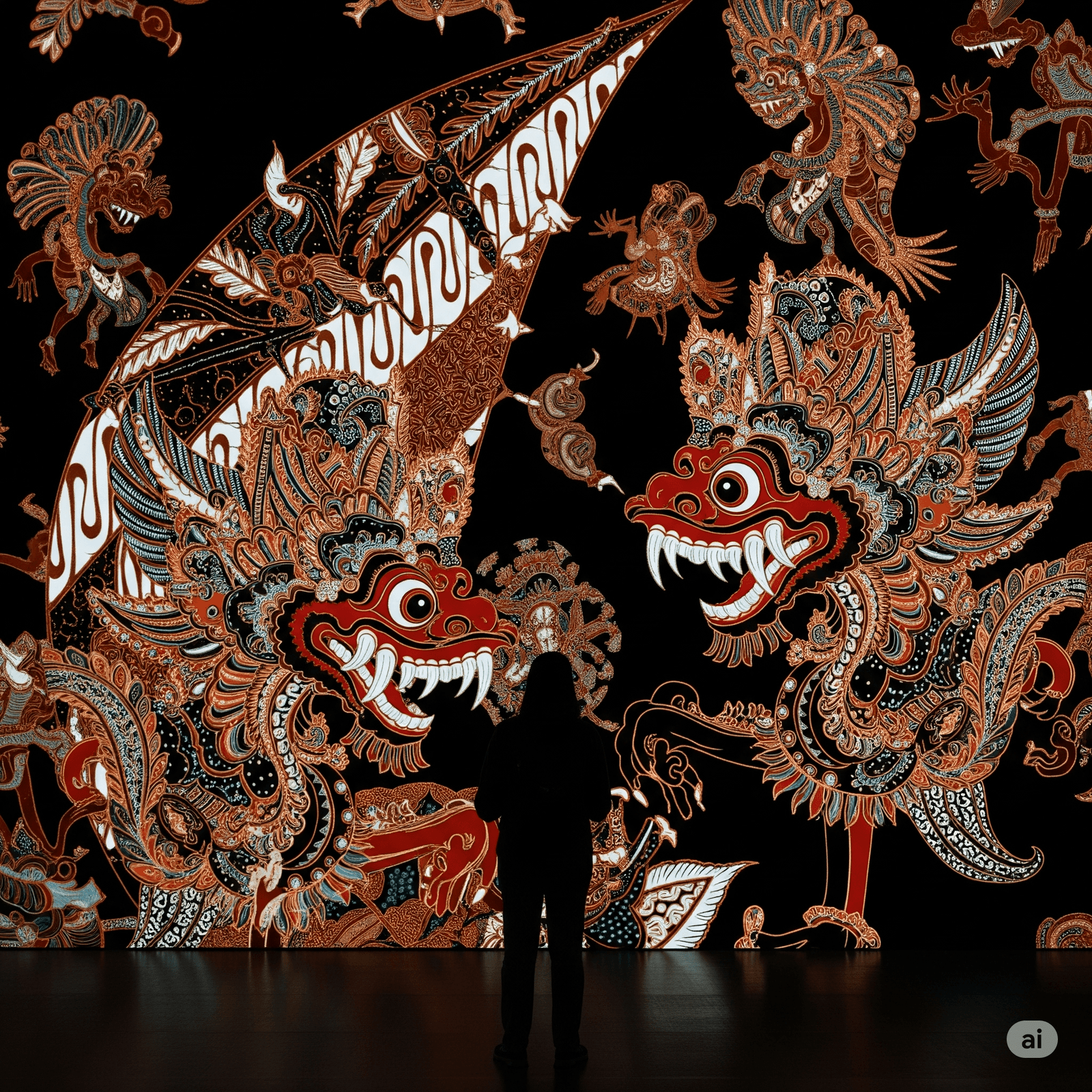 Karakter wayang kulit dianimasikan dalam media digital, melambangkan seni kontemporer digital Indonesia