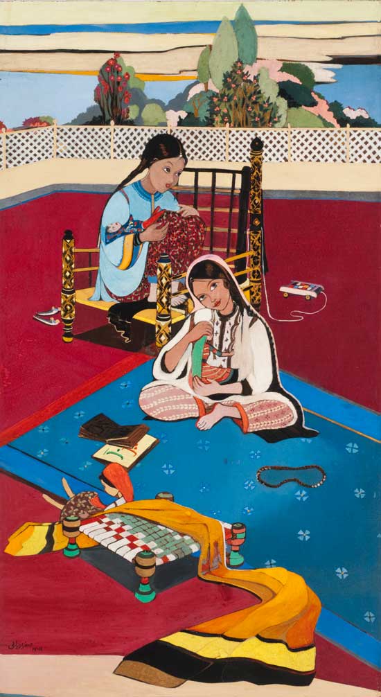 Lukisan karya Sughra Rababi berjudul "Girls with Dolls". Gambar ini menampilkan anak-anak perempuan lincah sedang bermain dengan boneka di lingkungan arsitektur yang dikelilingi flora dan motif dekoratif.