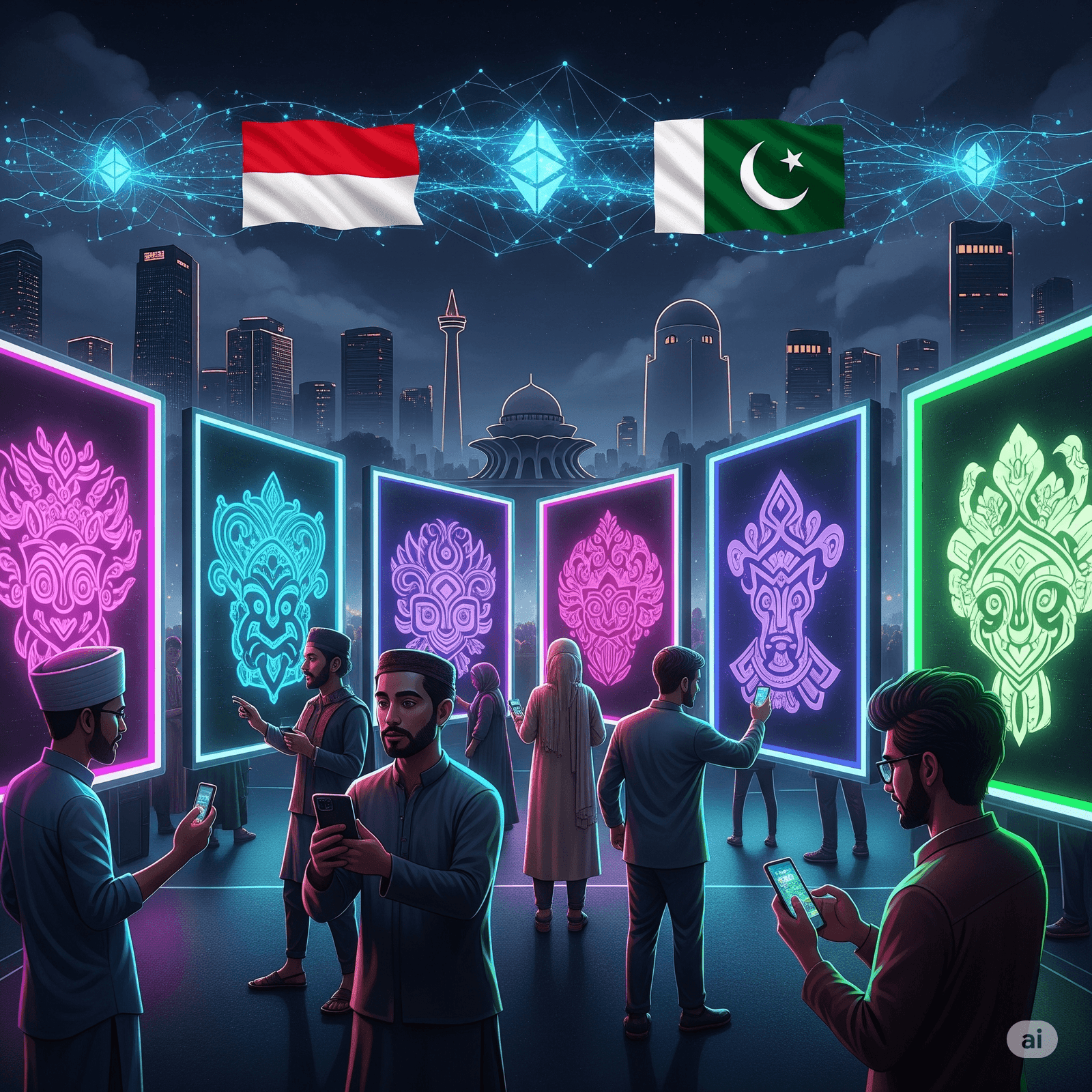 Tampilan antarmuka marketplace NFT global seperti OpenSea yang menampilkan karya seni digital dari seniman Indonesia dan Pakistan
