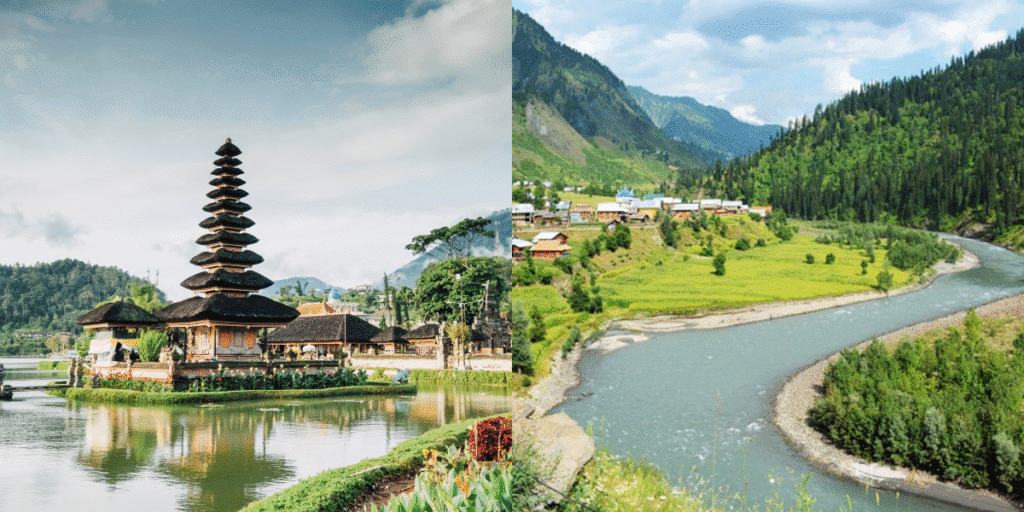 Kolase foto yang menampilkan wisata Bali di sisi kiri dan pemandangan Pakistan Utara di sisi kanan