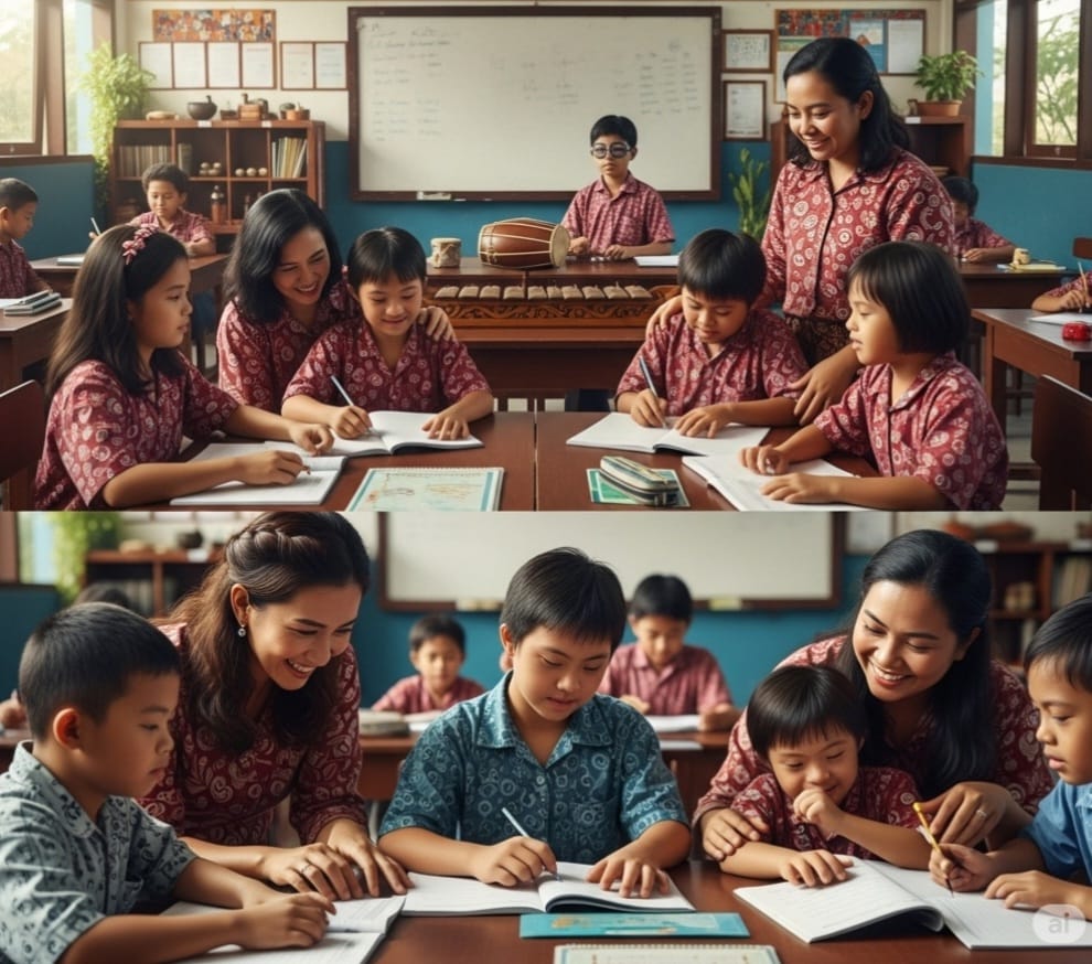 Guru pendamping khusus sedang memberikan bimbingan individual kepada anak berkebutuhan khusus di sebuah sekolah inklusif di Indonesia