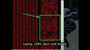 Potongan kode asli dari Virus Komputer Brain Pakistan yang tertulis di sektor boot.