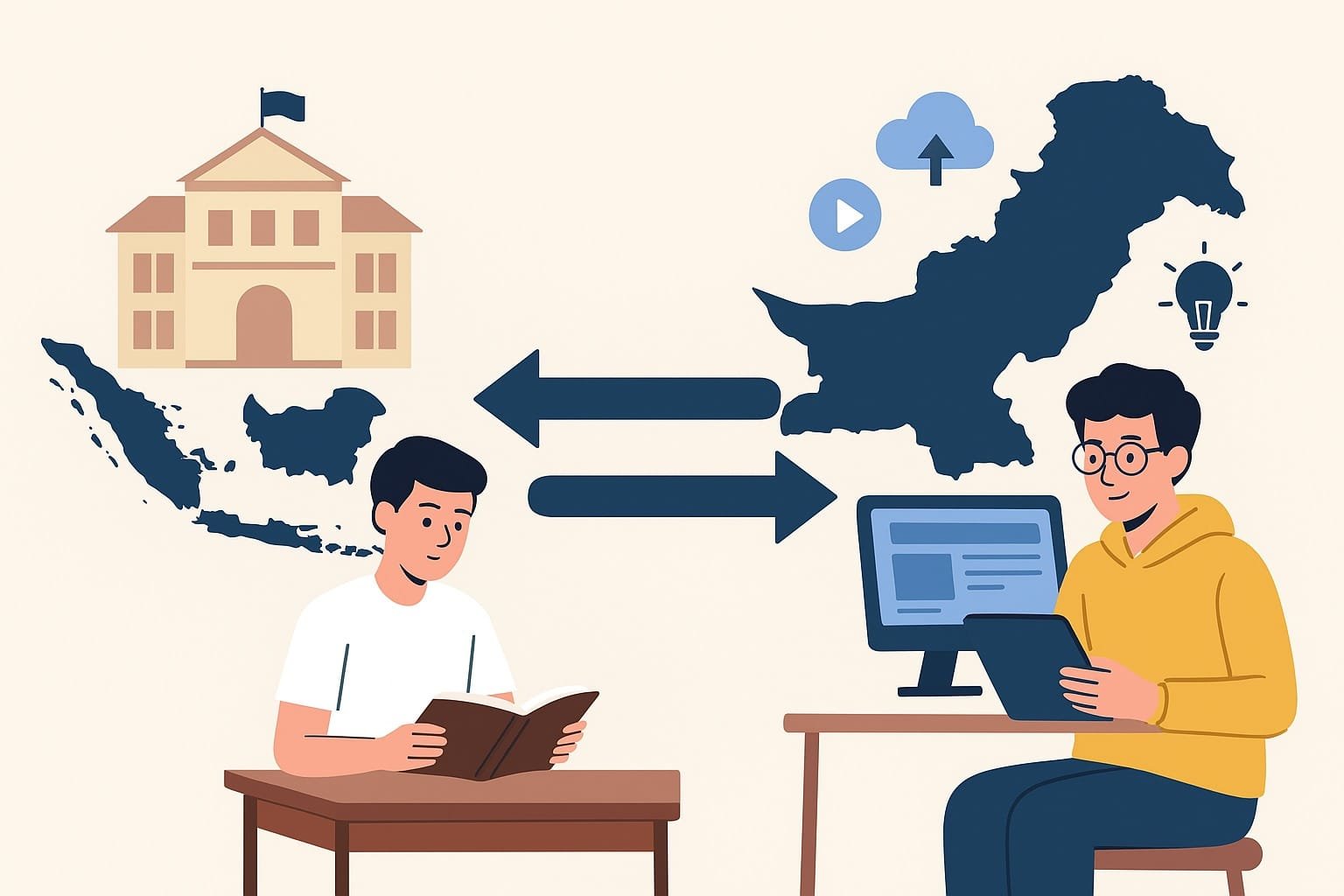 Ilustrasi perbandingan antara pendidikan formal (sekolah, universitas) dan non-formal (kursus online, bootcamp) yang relevan di era digital