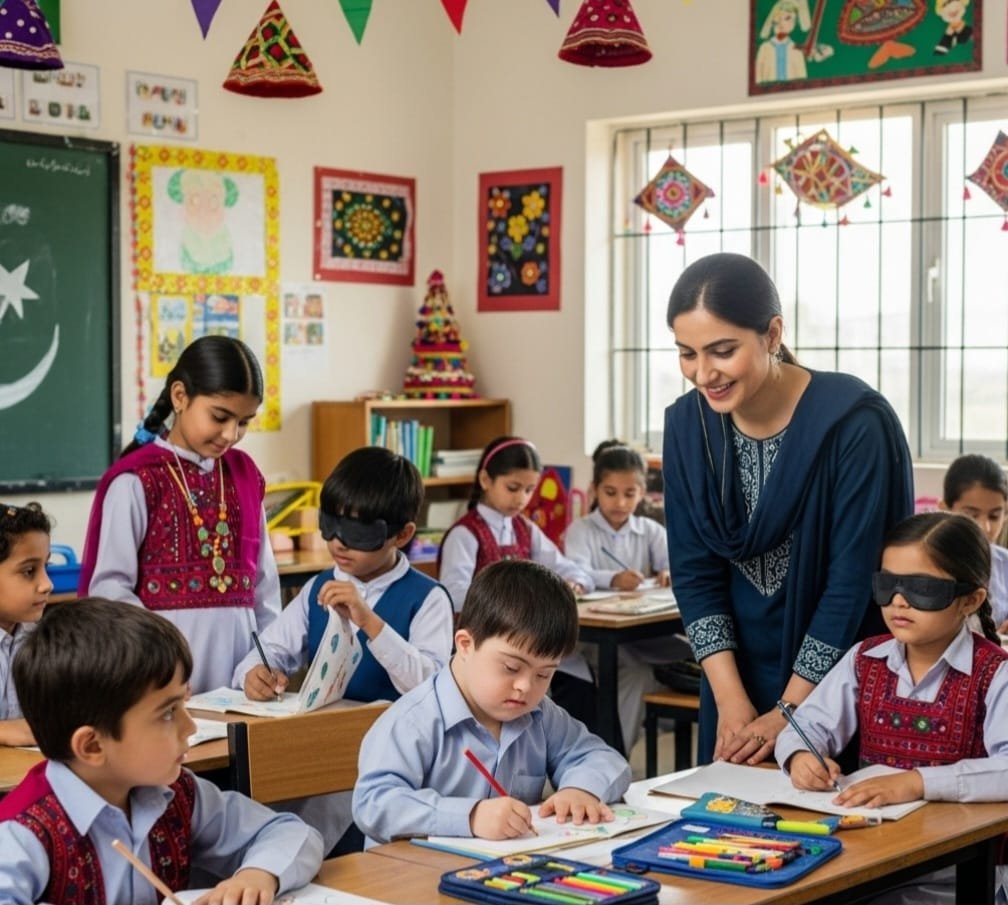 Anak-anak berkebutuhan khusus dan anak-anak lainnya belajar bersama di kelas inklusif dengan bimbingan guru