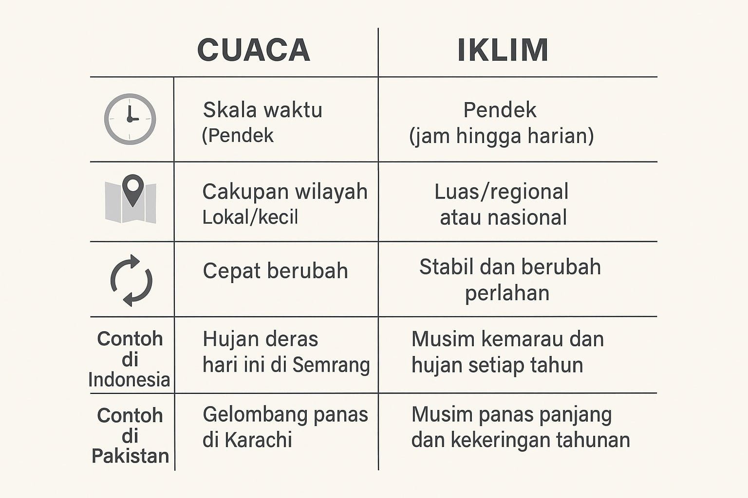 Ilustrasi perbandingan visual antara cuaca jangka pendek dengan iklim jangka panjang