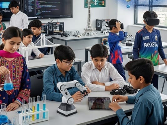 Foto seorang siswa di lab STEM sedang belajar robotika dengan antusias