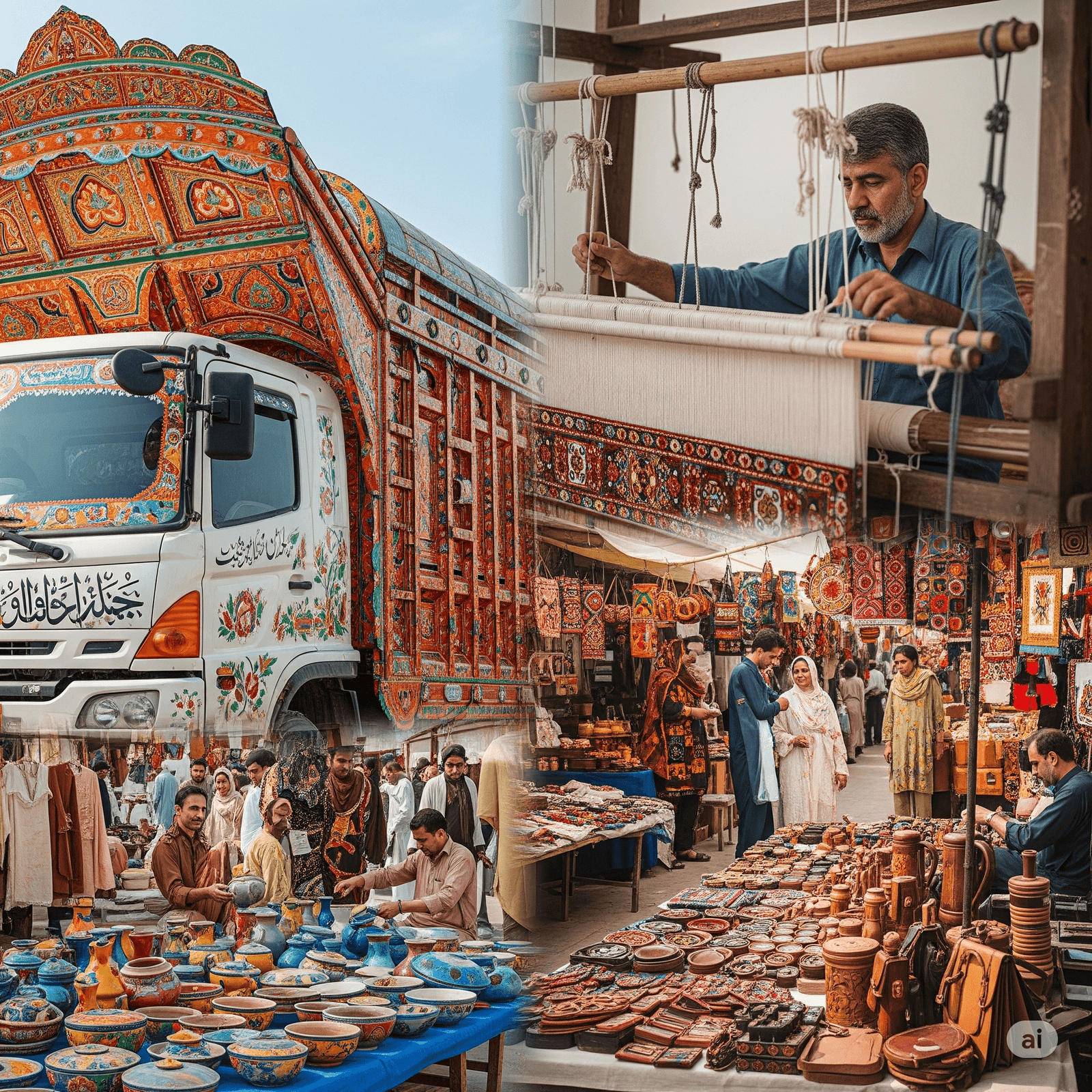 Ilustrasi sebuah truk yang dihiasi seni lukis khas Pakistan (Truck Art) yang menjadi simbol ekonomi kreatif