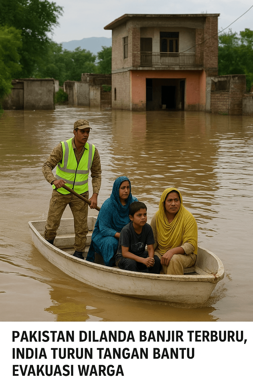 Personel militer dari India dan Pakistan bekerja sama dalam operasi evakuasi warga sipil yang terjebak banjir
