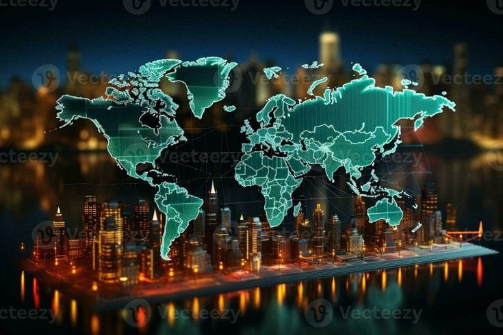 Para investor dari berbagai negara sedang berjabat tangan dengan pengusaha Pakistan, menandakan kepercayaan global dan aliran modal ke sektor teknologi Pakistan