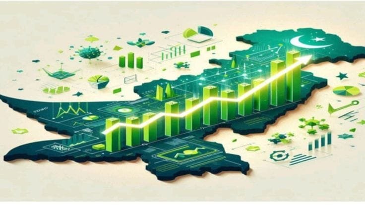 A vibrant graphic showing data lines and glowing tech icons overlaid on a map of Pakistan, representing the country's fast-growing digital economy