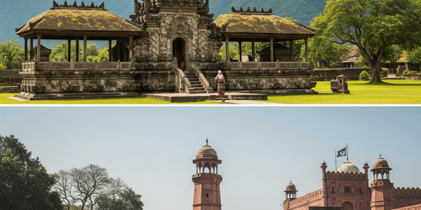 Ilustrasi Benteng Jagaraga Bali dan Benteng Lahore Pakistan, melambangkan kekayaan wisata benteng kuno di kedua negara